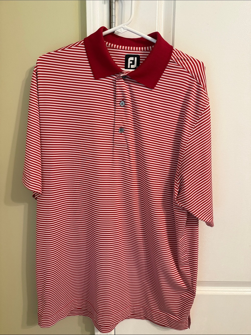 FootJoy Red & White Striped Golf Polo with Solid Red Collar